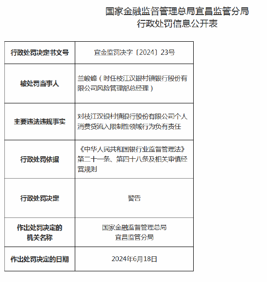 个人消费贷流入限制性领域 枝江汉银村镇银行被罚21万元  第2张