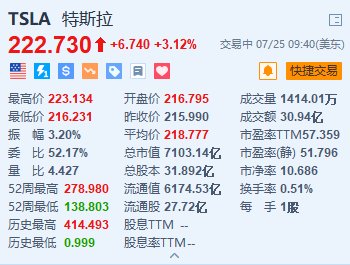 特斯拉涨超3.1% 马斯克向xAI投资50亿美元的提议或多数受访者支持