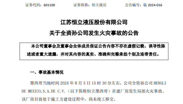 突发火灾！600亿A股巨头恒立液压海外最大生产基地投产又延迟！  第2张