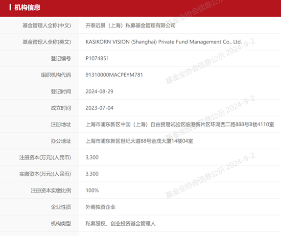 外商独资私募再添一员：开泰银行旗下私募股权基金公司完成备案